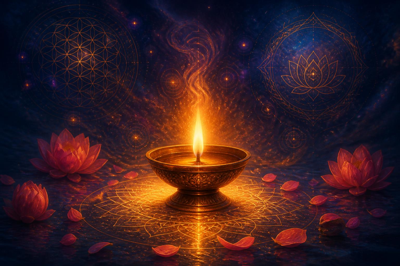 A glowing brass diya with a saffron flame surrounded by lotus petals and sacred geometry